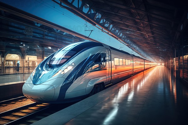 Modern high speed train in a futuristic train station. Modern transportation technology, speed, travel concepts. Railroad with motion blur effect, AI generated