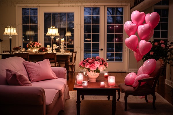 A cozy living room adorned with Valentine's Day decorations, featuring pink balloons, a bouquet of roses, and candlelight creating a romantic ambiance, AI generated