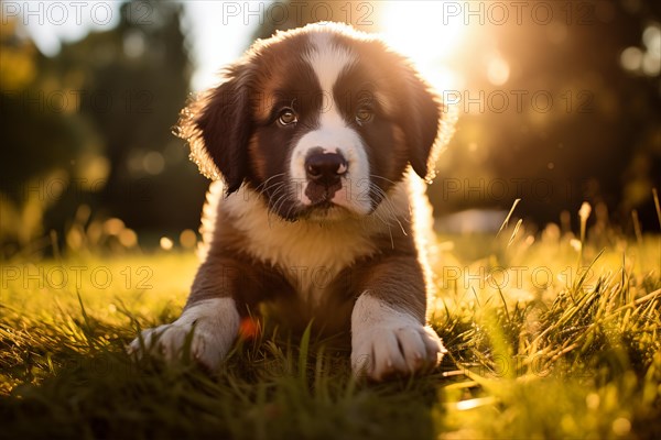 A curious cute Saint Bernard puppy with expressive eyes and floppy ears, exploring the outdoors on a sunny day, AI generated