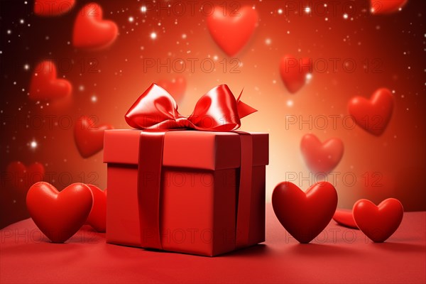 Red gift box adorned with a silky bow, surrounded by radiant hearts illuminating a romantic atmosphere, perfect for Valentine's Day promotions or love-themed events, AI generated