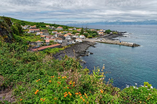 Village on the coast with houses near a jetty and surrounded by green vegetation, lava rocks Coastal hiking trail Ponta da Iiha, Calhau, West Coast, Pico, Azores