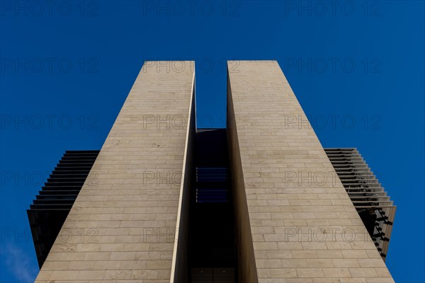 Modern Design Tower Building Against Blue Clear Sky in Campione d'Italia, Lombardy, Italy, Europe