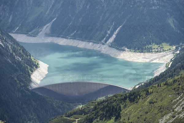 Dam, dam wall of the Schlegeis reservoir, reservoir lake with turquoise blue water, Zillertal Alps, Tyrol, Austria, Europe