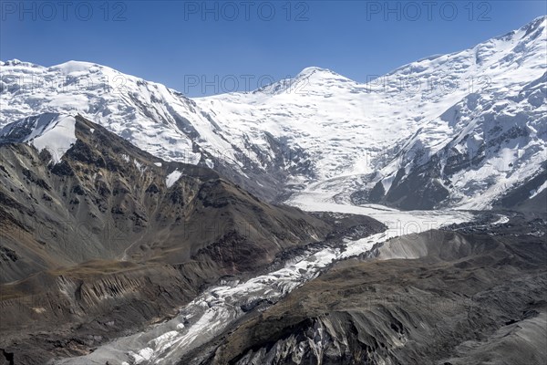 Barren high mountains, glacier tongue of Pik Lenin, Pamir Mountains, Osh Province, Kyrgyzstan, Asia