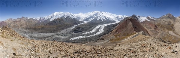 Panorama, high mountain landscape with glacier moraines and glacier tongues, glaciated and snow-covered mountain peaks, Lenin Peak and Peak of the XIX Party Congress of the CPSU, Traveller's Pass, Trans Alay Mountains, Pamir Mountains, Osh Province, Kyrgyzstan, Asia