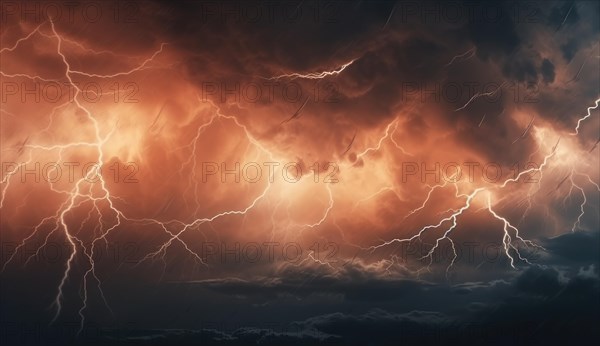 Fiery thunderstorm over the sea. Thunderstorm and lightning in the night sky AI generated