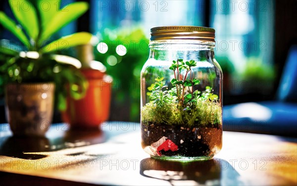 Bottle garden, mini biotope, eco system in a jar on a windowsill in a city flat, AI generated, room, windowsill, plants, screw-top jar, horticulture, herbs, green, sunlight