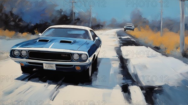 A captivating painting of a blue american 1970s muscle vintage retro car drive down country road on sunny day ai generated, AI generated