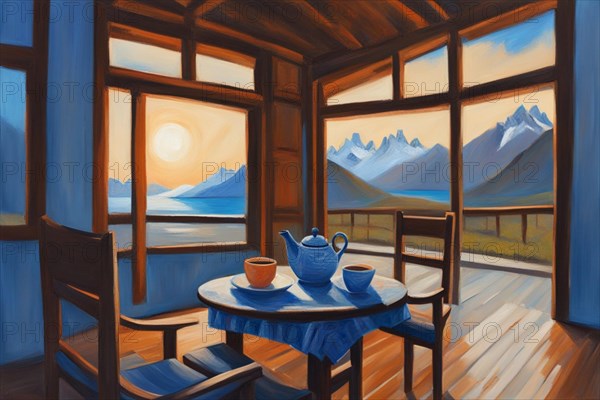 Painting capturing two cups of tea on a table on a terrace face beautiful waterfront landscape, japanese traditional ceremony ai generated, AI generated