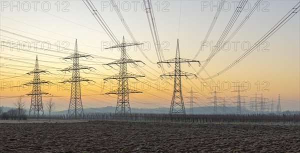 Power pylons, overhead lines, energy supply, in front of sunrise, twilight, vineyard, field, panorama, Baden-Wuerttemberg, Germany, Europe