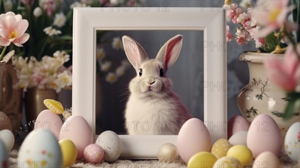 Easter bunny and Easter eggs on wooden background with spring flowers. Bunny near empty white frame AI generated