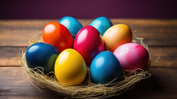 A nest-like basket filled with multicolored Easter eggs on a wooden surface with a purple backdrop AI generated