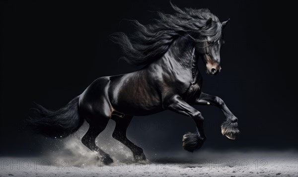 Black horse with long mane galloping in water on dark background AI generated