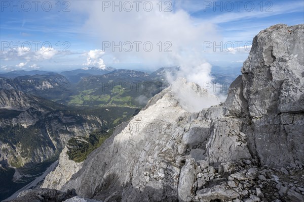 Rocky narrow mountain ridge with summit Watzmann Hochec, view from Watzmann middle summit to mountain panorama, Watzmann crossing, Berchtesgaden National Park, Berchtesgaden Alps, Bavaria, Germany, Europe