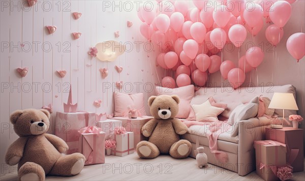 A bedroom adorned with pink balloons, teddy bears, and gift boxes creating a festive atmosphere. Children's room with pink bed, balloons and teddy bear. AI generated