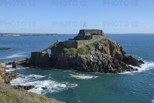 Fort de Bertheaume fortress on a rock off the coast in Plougonvelin on the Atlantic coast at the mouth of the Bay of Brest, Finistere Penn ar Bed department, Brittany Breizh region, France, Europe