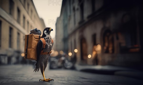 Falcon postman, courier for food delivery in the city. Fast delivery concept, AI generated