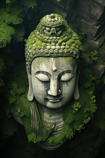 Aerial view of a Giant Buddha head surrounded by an Asian tropical forest, AI Generated, AI generated
