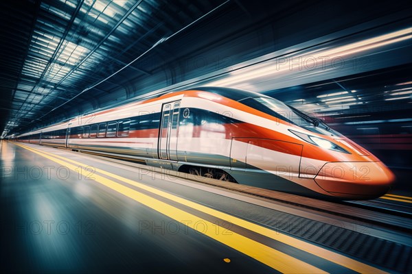 Modern high speed train in a futuristic train station. Modern transportation technology, speed, travel concepts. Railroad with motion blur effect, AI generated