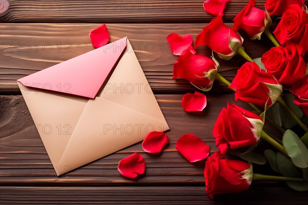 Vibrant red roses, a romantic valentine love letter in an elegant envelope, and scattered rose petals on a dark wooden table. Love and affection on Valentine Day, AI generated