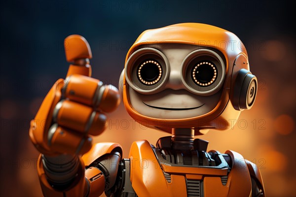Orange robot showing a thumbs up gesture. The friendly robot has big round eyes and a friendly smile. Concept of artificial intelligence technology approval agreement, success, friendliness, AI generated