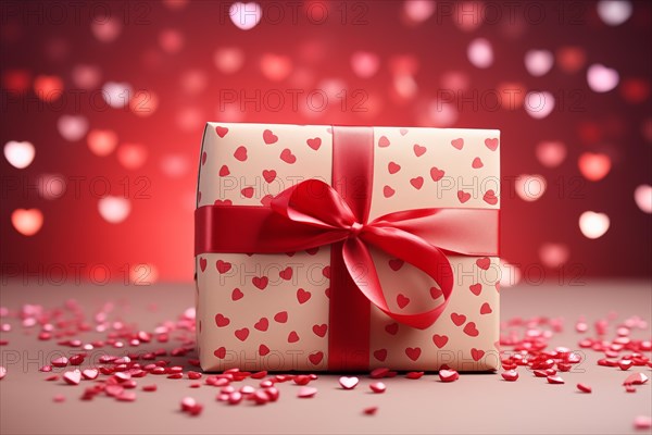 Valentine's Gift red gift box adorned with a soft pink ribbon, surrounded by heart-shaped confetti and a bokeh background. Feelings of love, affection, and surprise, AI generated