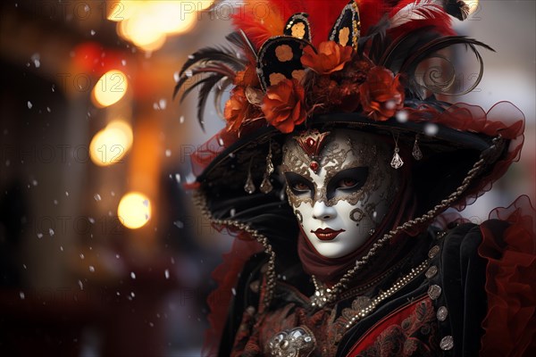 A person adorned in a richly detailed and colorful carnival costume, complete with an elaborate mask, participates in the iconic Venice Carnival with snowfall, AI generated