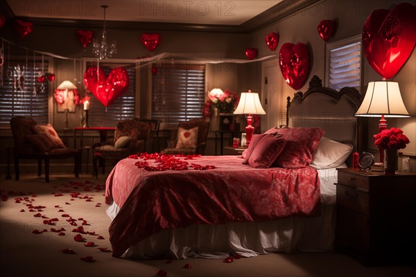 A cozy bedroom adorned with red and white heart-shaped balloons, rose petals, and candles creating a romantic atmosphere for Valentine's Day, AI generated