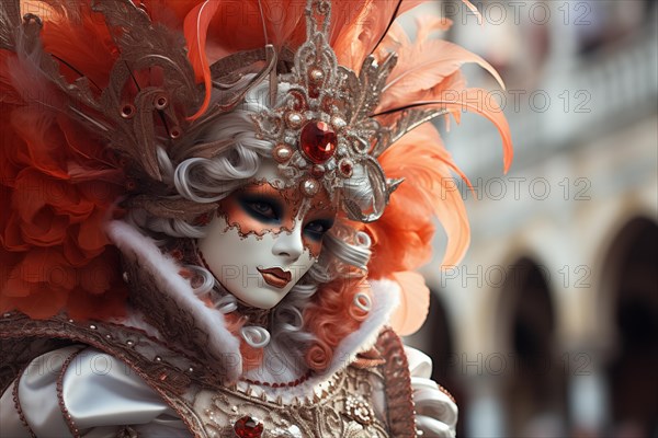 A person adorned in a richly detailed and colorful carnival costume, complete with an elaborate mask, participates in the iconic Venice Carnival, AI generated