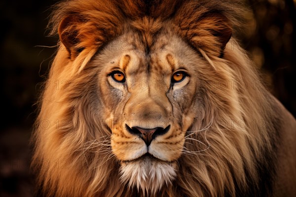 A close-up portrait of a majestic lion with a rich, golden mane, captured with high detail against a dark background, AI generated