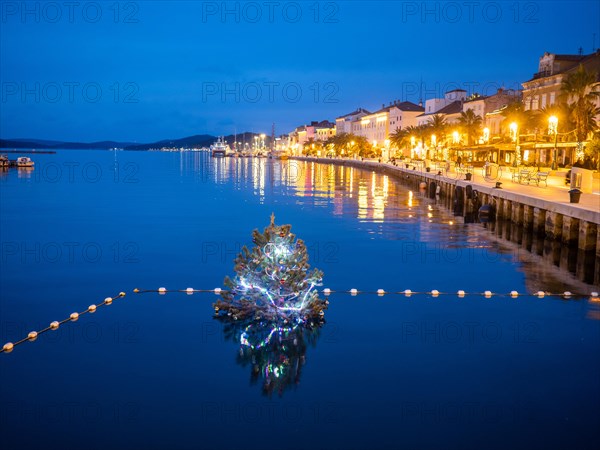 Blue hour, illuminated Christmas tree in the harbour basin, harbour of Mali Losinj, island of Losinj, Kvarner Gulf Bay, Adriatic Sea, Croatia, Europe