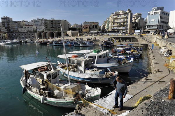 Fishing boats in the Venetian harbour of Heraklion, island of Crete, Greece, Europe