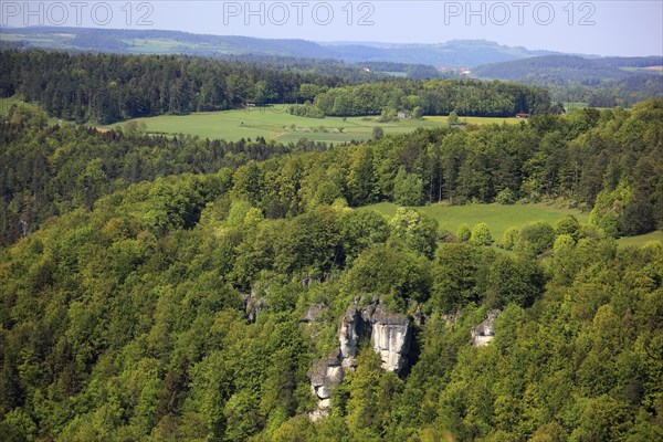 Landscape in Franconian Switzerland near Goessweinstein, district of Forchheim, Upper Franconia, Bavaria, Germany, Europe