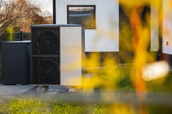 A heat pump in front of an apartment block in Duesseldorf, Germany, Europe