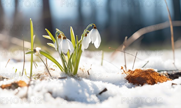 Snowdrops breaking through the snow, bathed in sunlight signifies the onset of spring AI generated