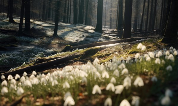 Carpet of snowdrops covering the forest floor with soft sunlight AI generated