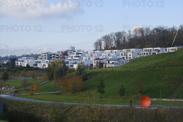 Housing estate with newly built detached houses on Lake Phoenix, Hoerde, Dortmund, Ruhr area, Westphalia, North Rhine-Westphalia, Germany, Europe