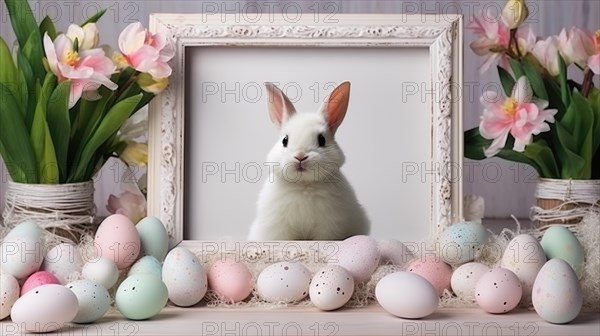 Easter bunny and Easter eggs on wooden background with spring flowers. Bunny near empty white frame AI generated