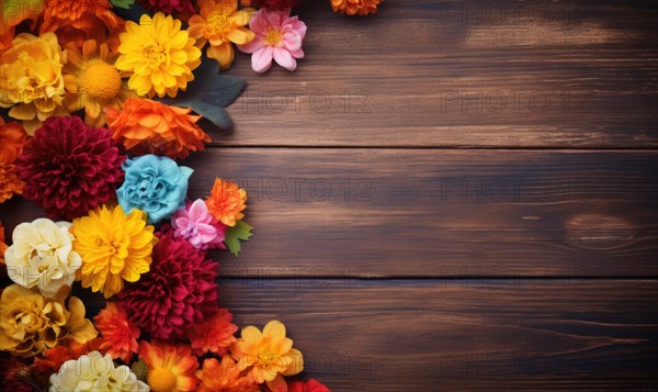 Cheerful floral arrangement with a burst of orange, yellow, and blue colors on wooden background AI generated