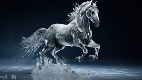 Ice sculpture of horse in dynamic pose. Beautiful horse ice figure AI generated