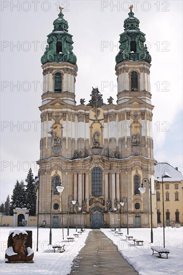 Historic Cistercian Abbey in Krzeszow. Basilica of the Assumption of the Virgin Mary. Winter view. Krzeszow. Poland