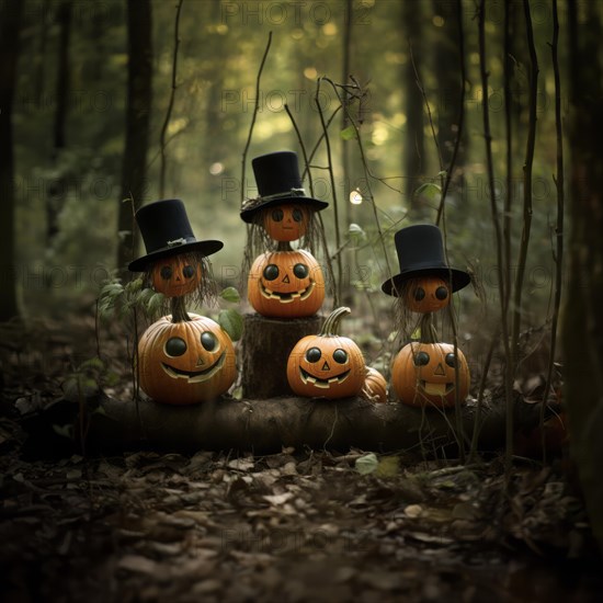 Mystical Halloween pumpkins with top hats in a dark forest, pumpkins with personality, AI-Generated & Photoshop, HobbyZone-Alpha, Haan, North Rhine-Westphalia, Germany, KI generiert, AI generated, Europe
