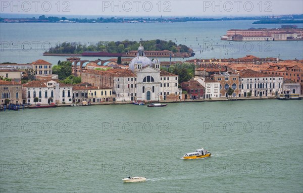 Aerial view from the Bell Tower (Campanile di San Marco) with islands, boats and gondolas in Venice, Italy, Europe