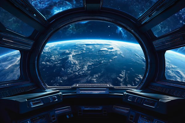 The Blue planet viewed from the window of a spaceship, AI Generated, AI generated