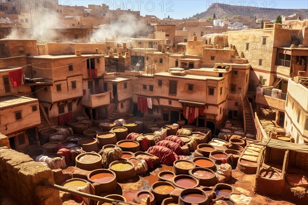 Drone view of the Chouara tannery, Fez, Morocco, AI Generated, AI generated, Africa