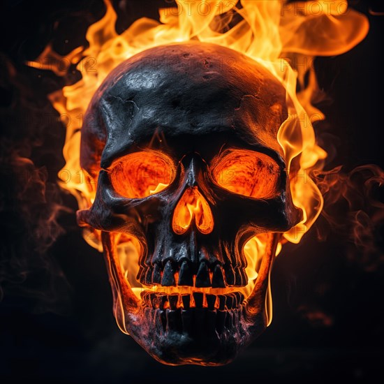 Spooky and scary burning skull on a dark background. Perfect for Halloween or horror-themed projects, AI generated