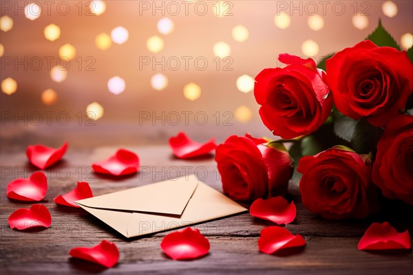 Vibrant red roses, a romantic valentine love letter in an elegant envelope, and scattered rose petals on a dark wooden table. Love and affection on Valentine Day, AI generated