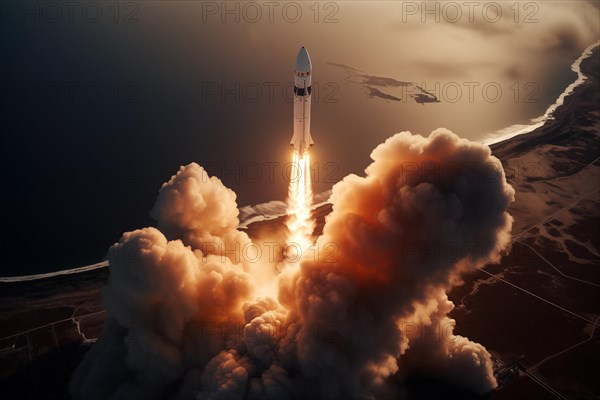 Aerial view of a rocket launch at sunrise sunset over an ocean coast. The rocket is blasting off with a trail of smoke and flames behind it, AI generated