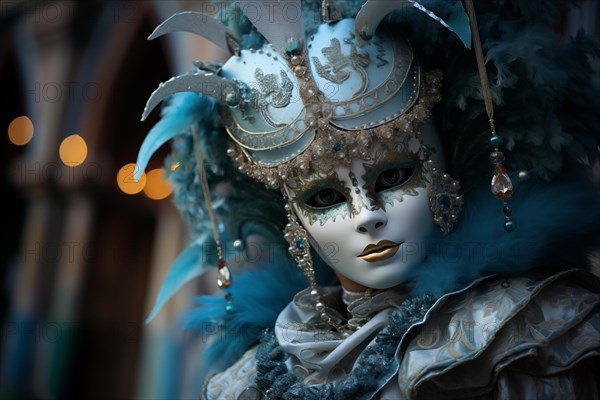 A person adorned in an elaborate and elegant costume, capturing the essence of the Venice Carnival amidst a scenic backdrop, AI generated