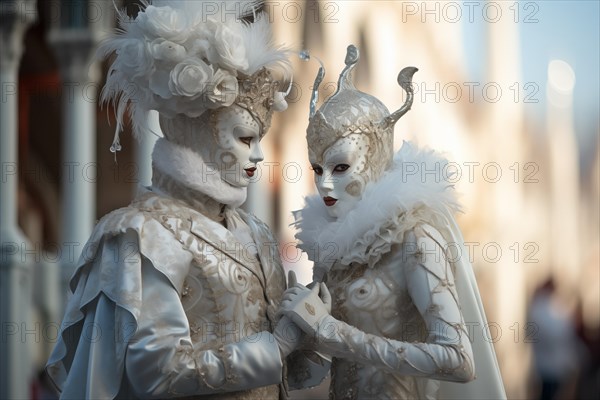 A couple adorned in a richly detailed and colorful carnival costume, complete with an elaborate mask, participates in the iconic Venice Carnival, AI generated